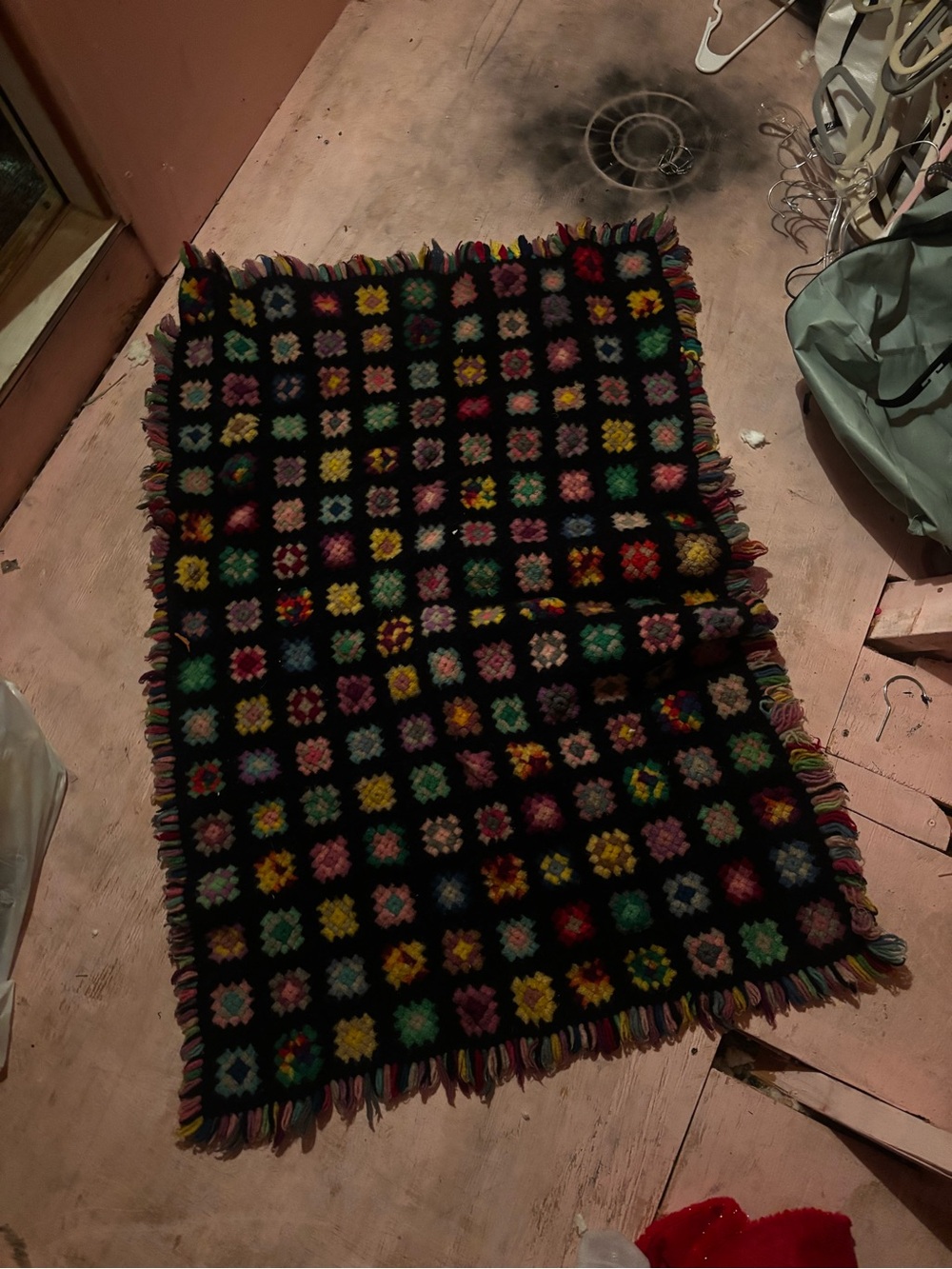 Vintage Multicolor Crochet Granny Square Throw Blanket - Black Background